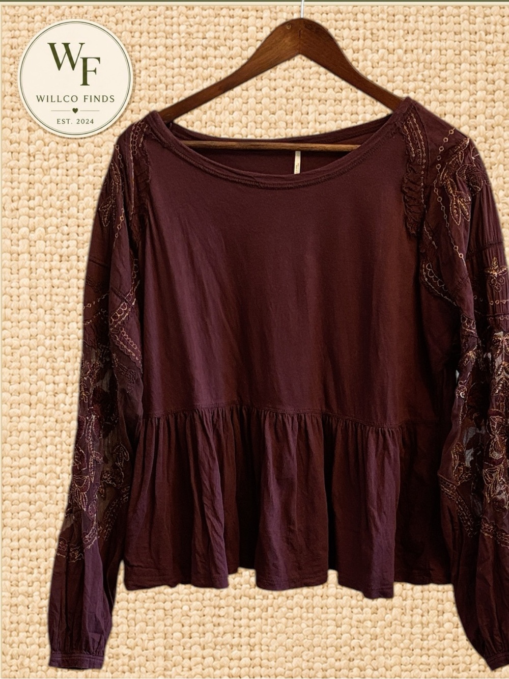 Free People Women’s Burgundy Embroidered Peplum Top Boho Long Sleeve Size Small